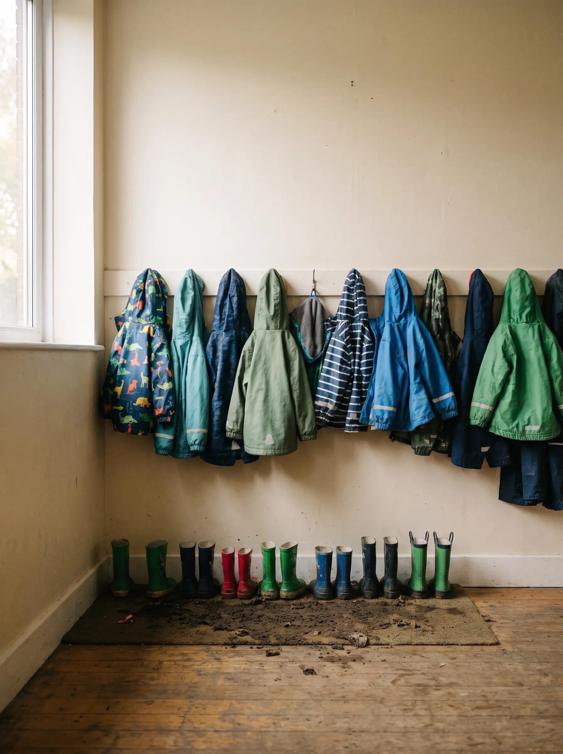 Children's raincoats hanging on pegs above a row of rubber boots by the hall door