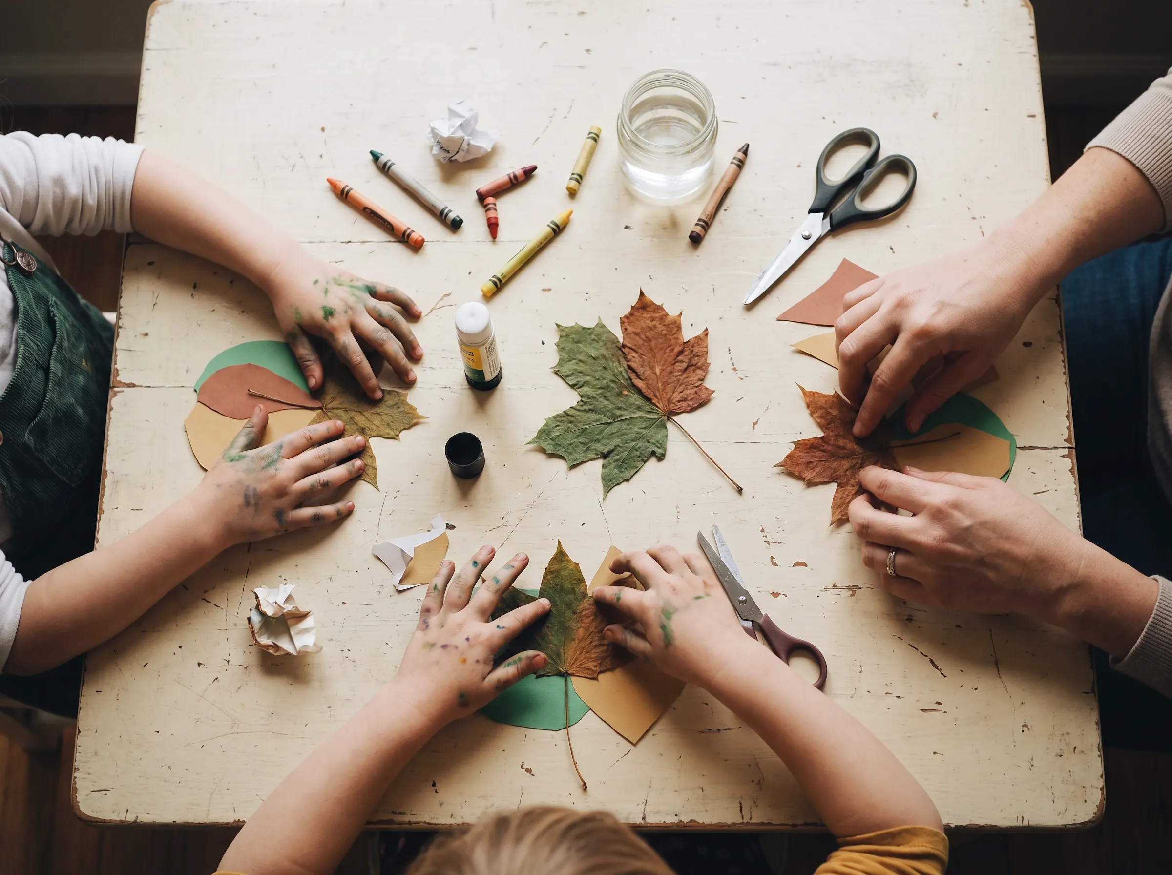 Children and a parent arranging autumn leaves and coloured paper at a craft table